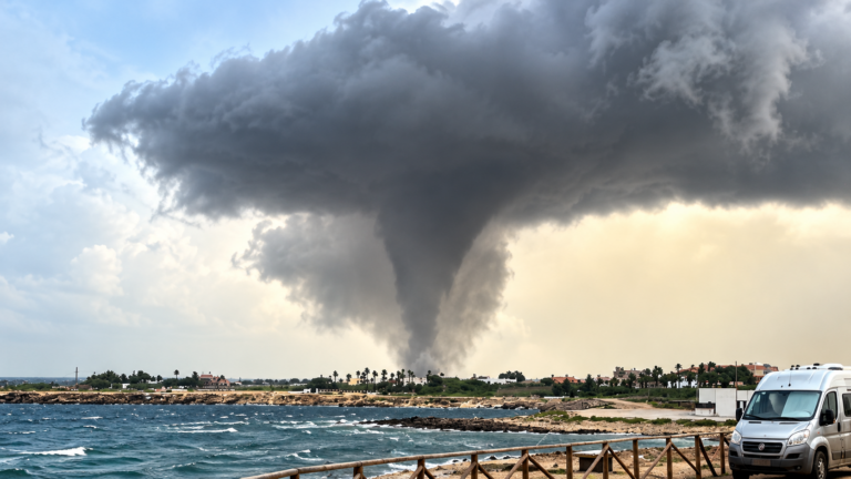 Tornado en Sicilia, Italia, deja 11 heridos y daños en una escuela y viviendas Tornado sobre la costa tormentosa en Marsala, Sicilia, Italia.